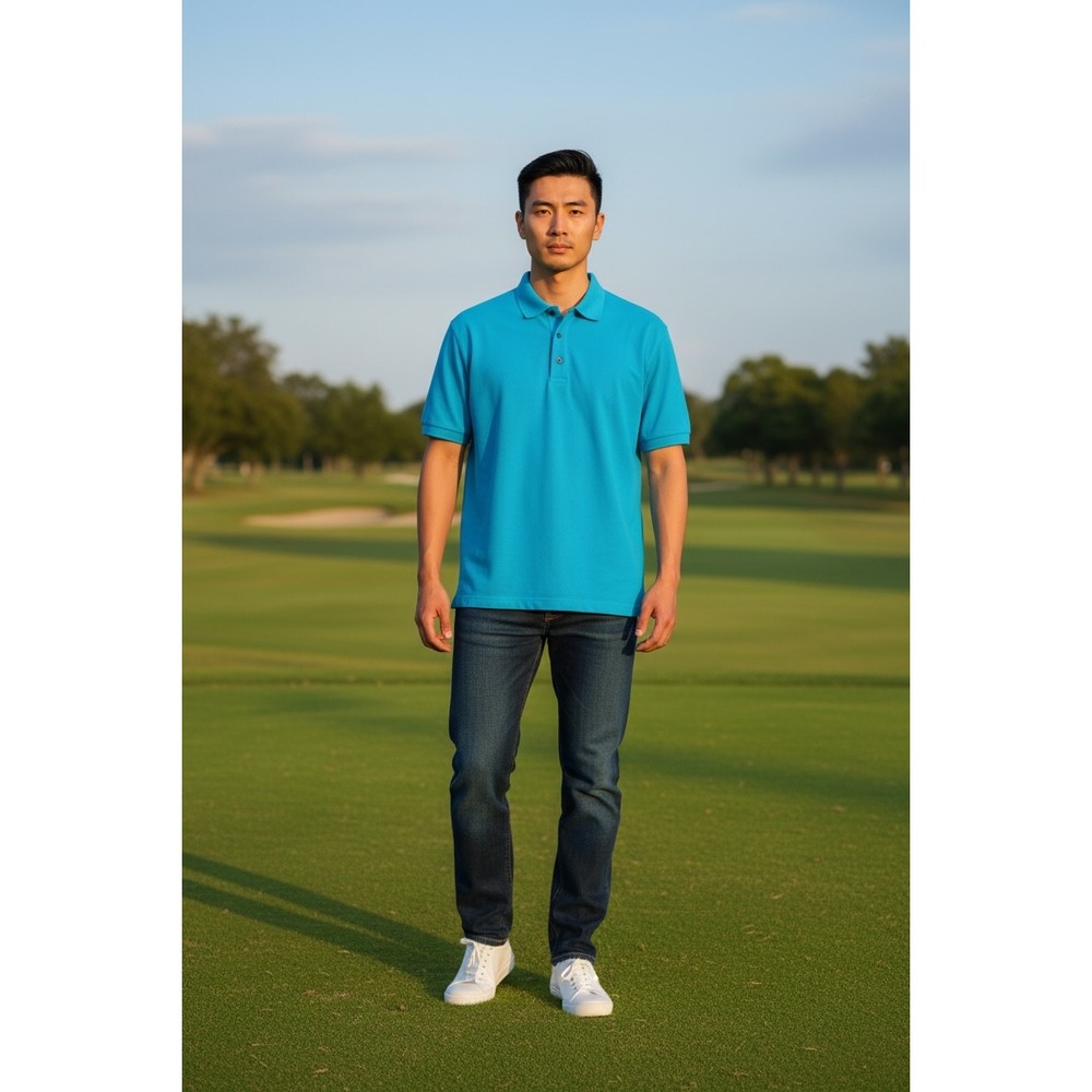 Perry Ellis Mens XXL Blue Short Sleeve Polo Shirt Classic Fit Branded Buttons